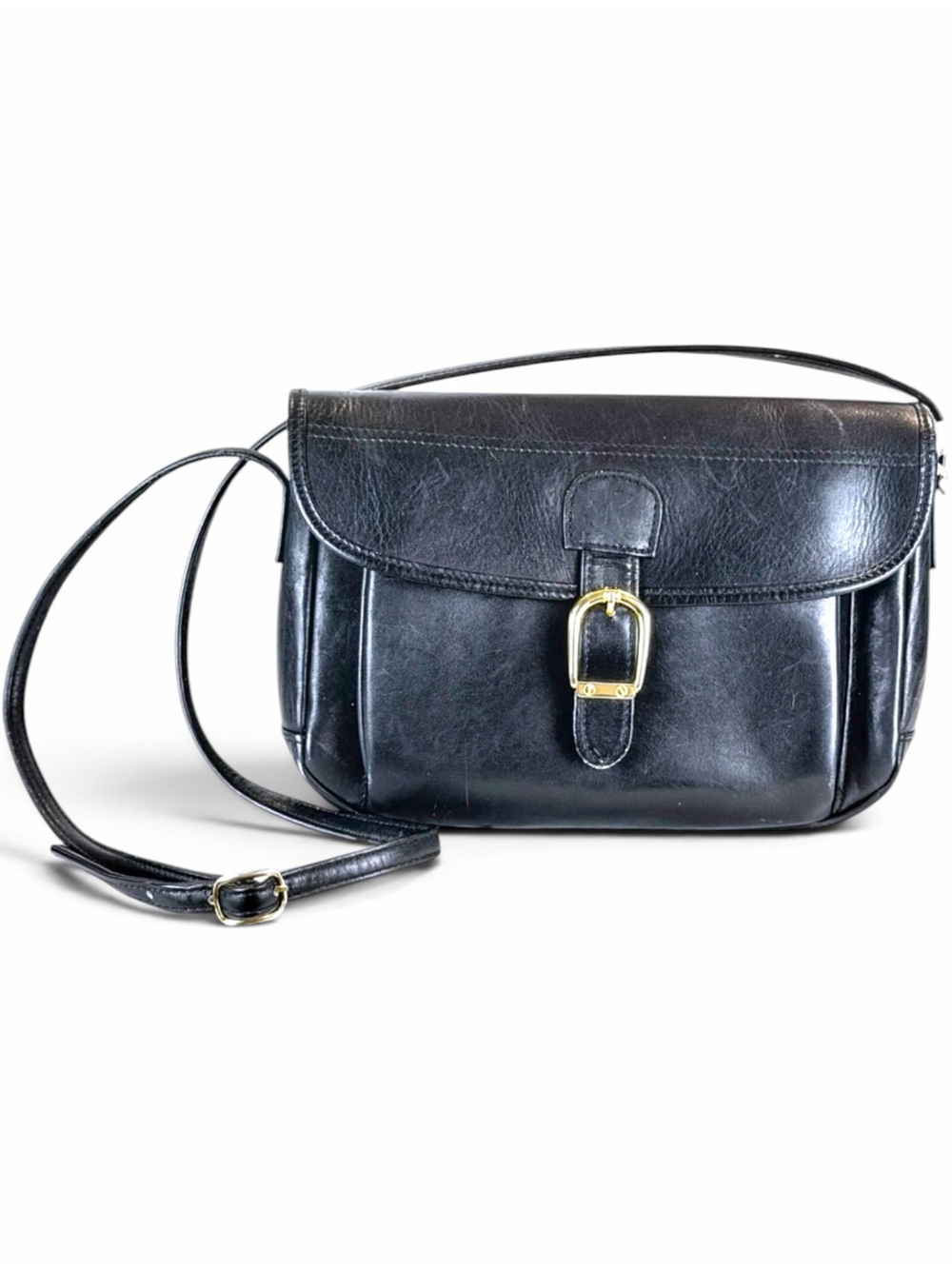Vintage La Borsa 80s Black Leather Buckle Flap Plaid Lined Crossbody Satchel Bag